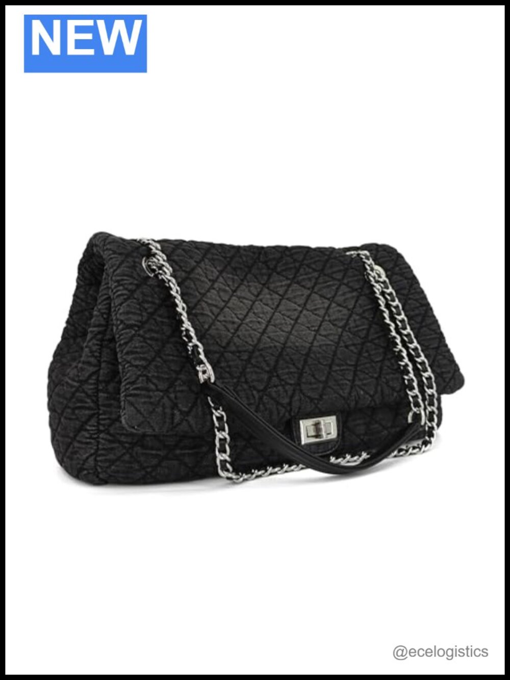 Oversize Washed Denim Quilted Flap XL Shoulder Hobo Bag with Chain Straps